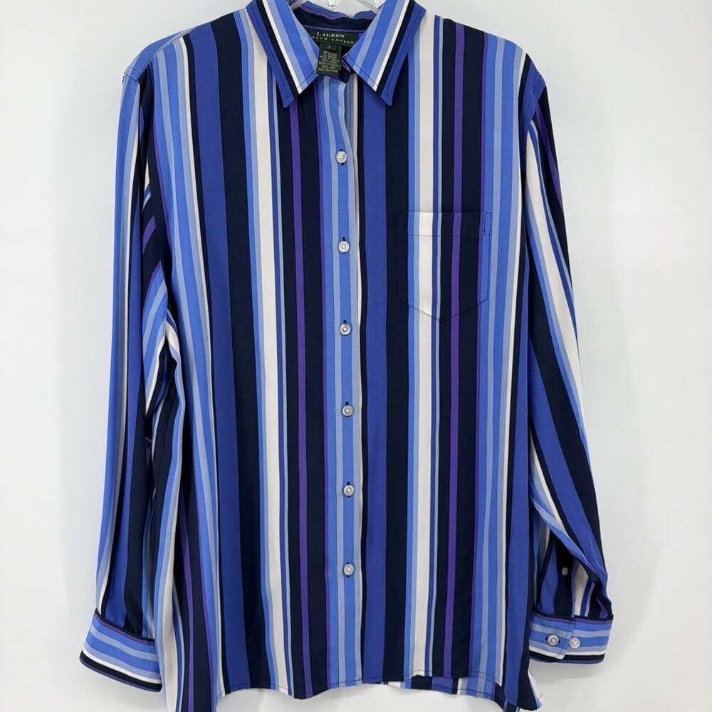 Lauren Ralph Lauren Women’s Silk Button Shirt Blue White Stripe Size L